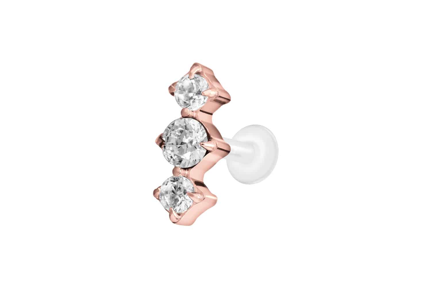 PTFE Labret Piercing mit Innengewinde + Titan-Aufsatz 3 EINGEFASSTE KRISTALLE